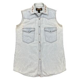 Vintage Harley Davidson Denim Vest Women’s Medium Light Wash Distressed Y2K